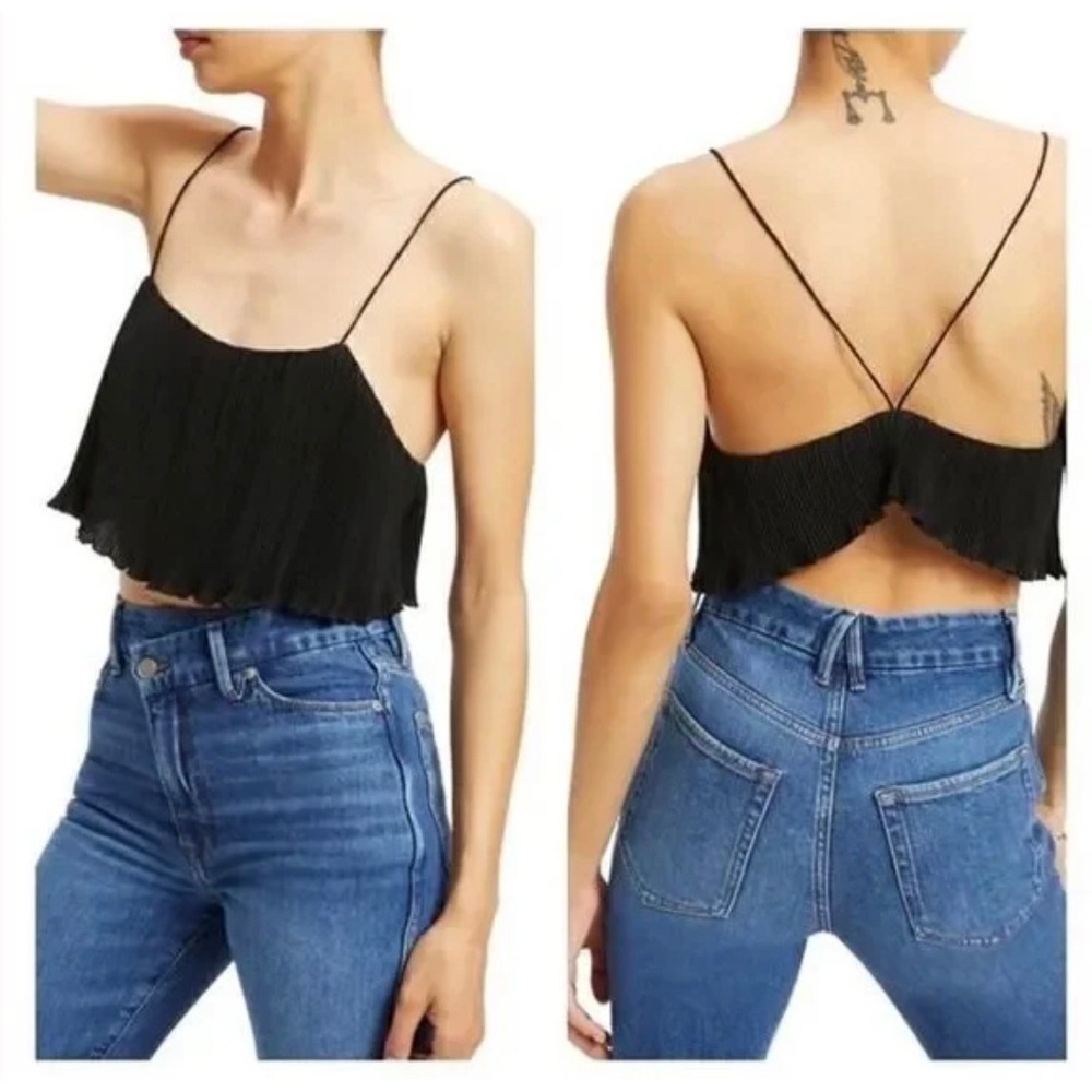 Good American Black Plisse Crinkle Spaghetti Strap Cropped Camisole Top Size‎ LG